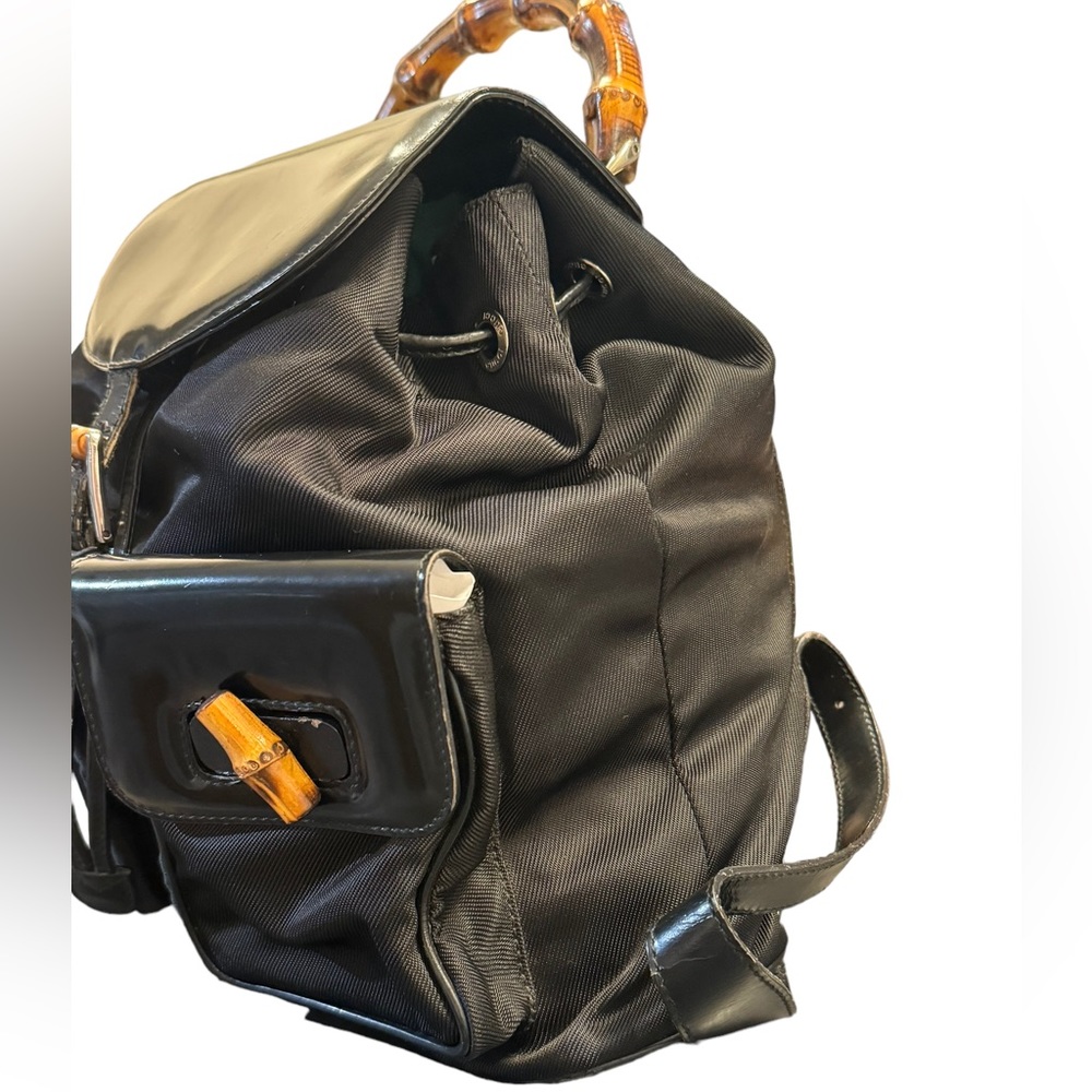 GUCCI Vintage Bamboo Patent Leather/Canvas Backpack Black with Dust Bag - Picture 11 of 16